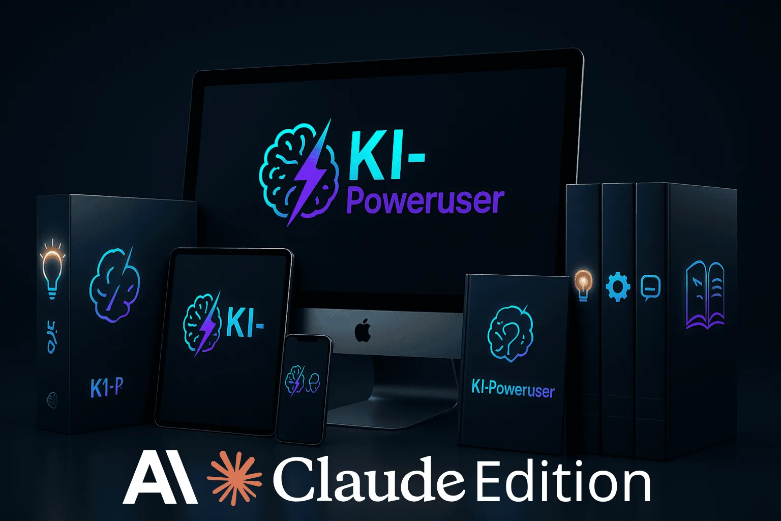 Claude Poweruser – Videokurs für KI-Prompting von Mario Burgard 1 KI-Poweruser Logo auf Bildschirm mit verschiedenen Geräten und Claude Edition Branding