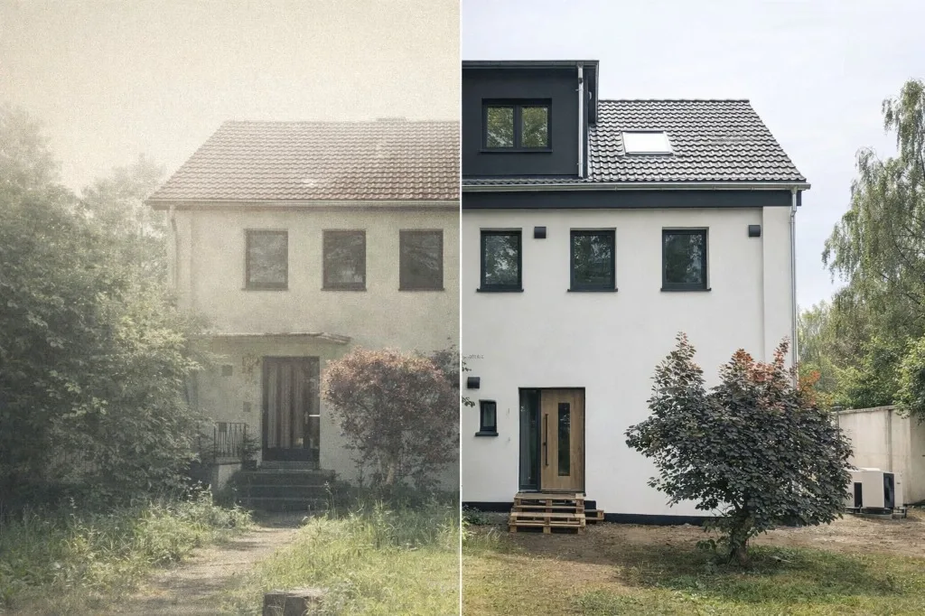 Illustrative Parallax-Gegenüberstellung eines Hauses vor und nach energetischer Modernisierung