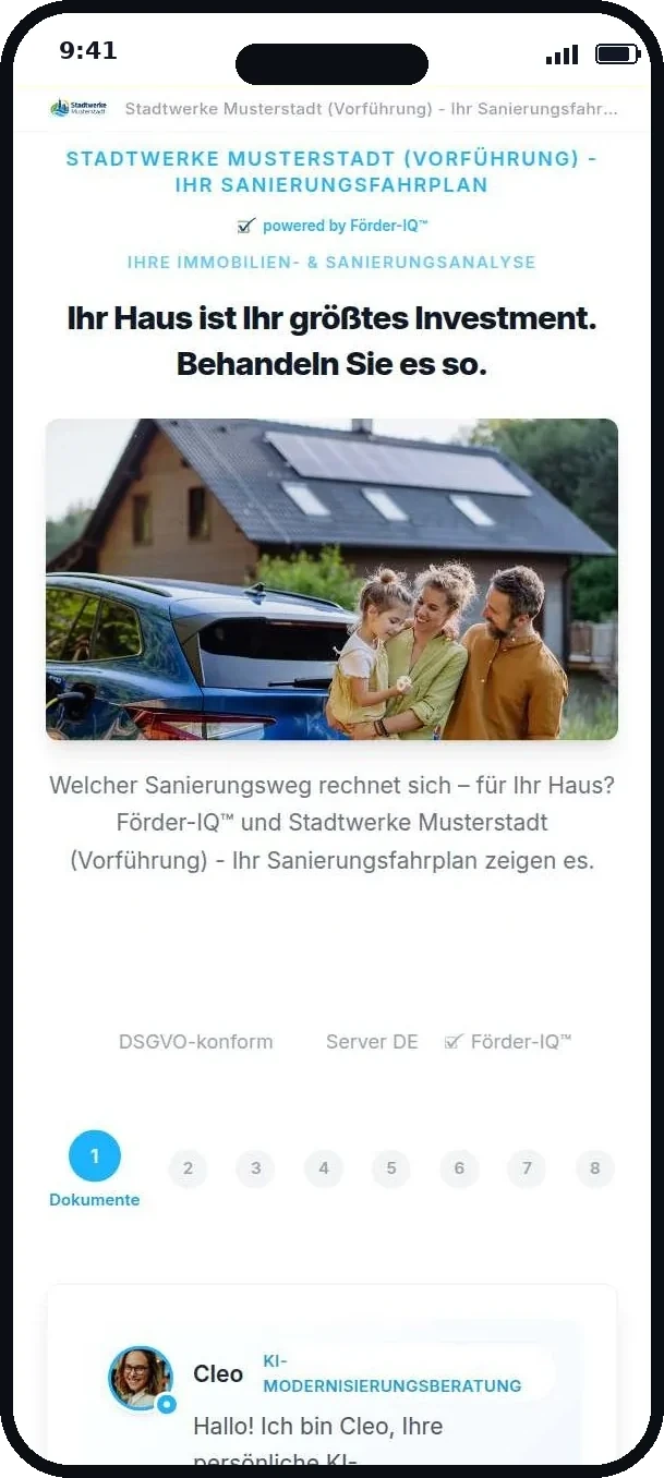 Mobile App-Startseite des Sanierungschecks unter der Marke einer Stadtwerke mit türkiser Leitfarbe