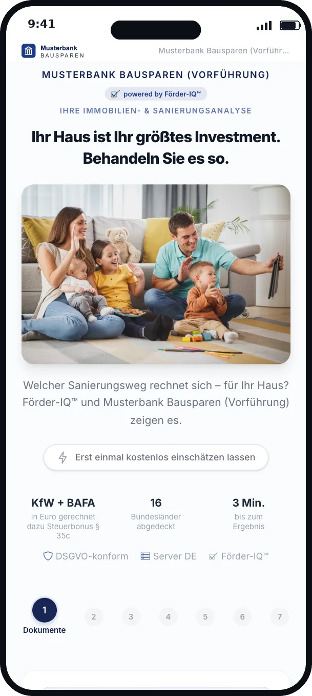 Mobile App-Startseite des Sanierungschecks unter der Marke einer Baufinanzierung mit dunkelblauer Leitfarbe