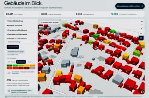 FörderCheckPro Gebietsscan mit realer 3D-Gebäudekarte in Isometrische Ansicht, farbcodiert nach Energieklasse, Filter für Ort
