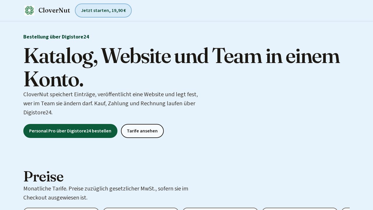 CloverNut – Business Premium – Ansicht der Verkaufsseite