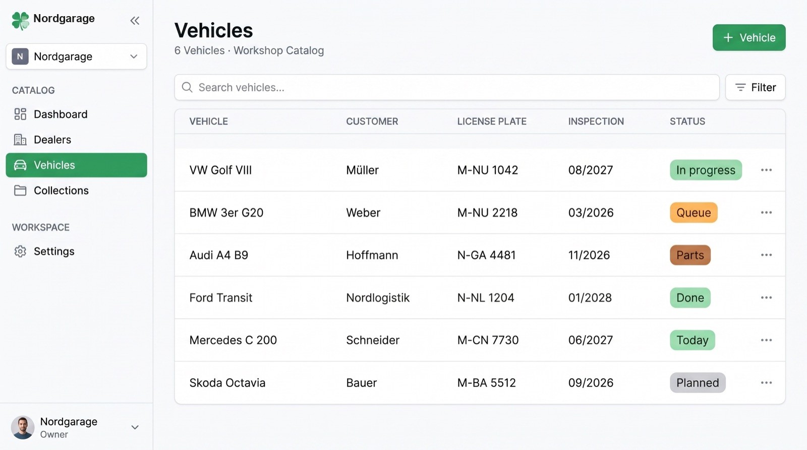 CloverNut Werkstatt-Katalog der Nordgarage mit Tabelle von 6 Fahrzeugen, Kundendaten und Inspektionsstatus