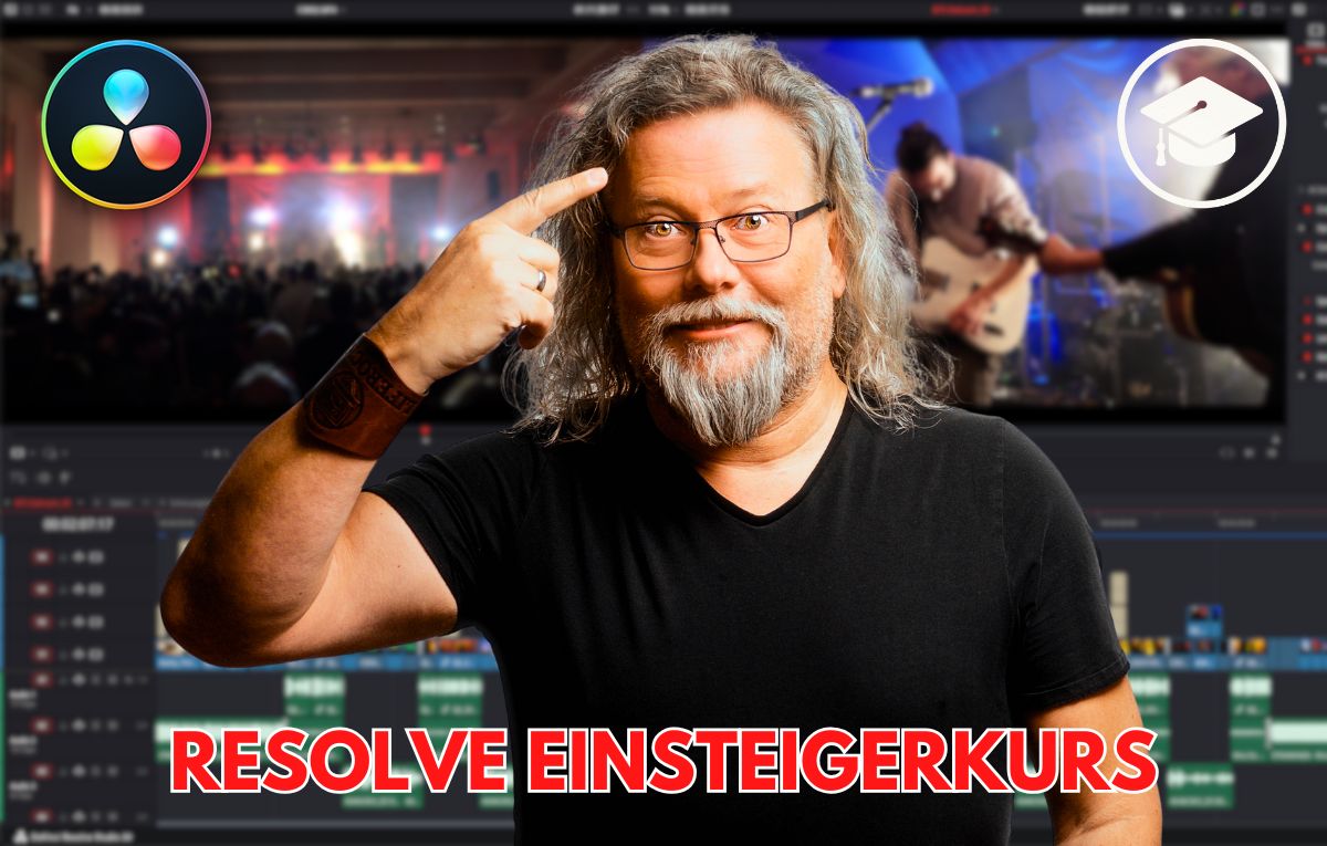 Michael Brettner im DaVinci Resolve Studio mit Timeline, Bühnen-Hintergrund, Resolve Einsteigerkurs