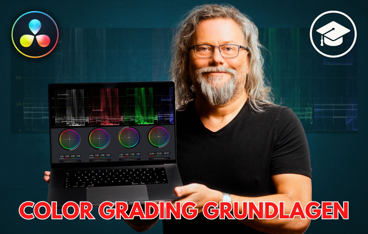Michael Brettner mit DaVinci Resolve Logo und Hut-Symbol, Laptop mit Color Grading Interface, Titel Color Grading Grundlagen