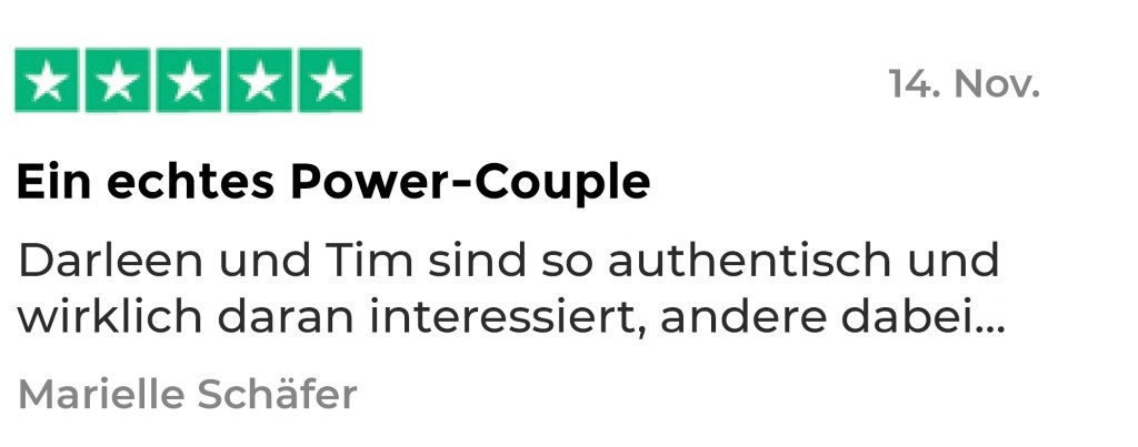 5-Sterne Bewertung, Kundenstimme von Marielle Schäfer vom 14. November über Darleen und Tim als Power-Couple