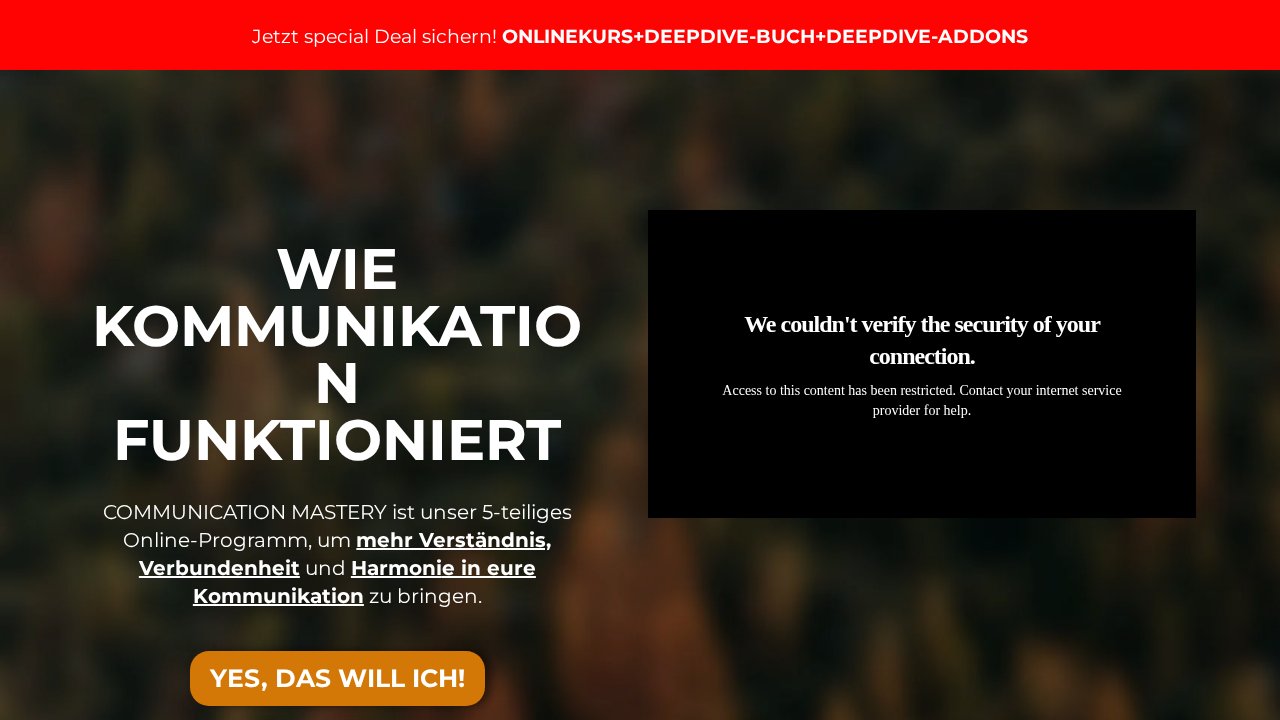 Hero-Banner mit Verkaufsseite für Communication Mastery Online-Kurs und Deepdive-Buch, rotes Angebot-Banner oben, großer weiß
