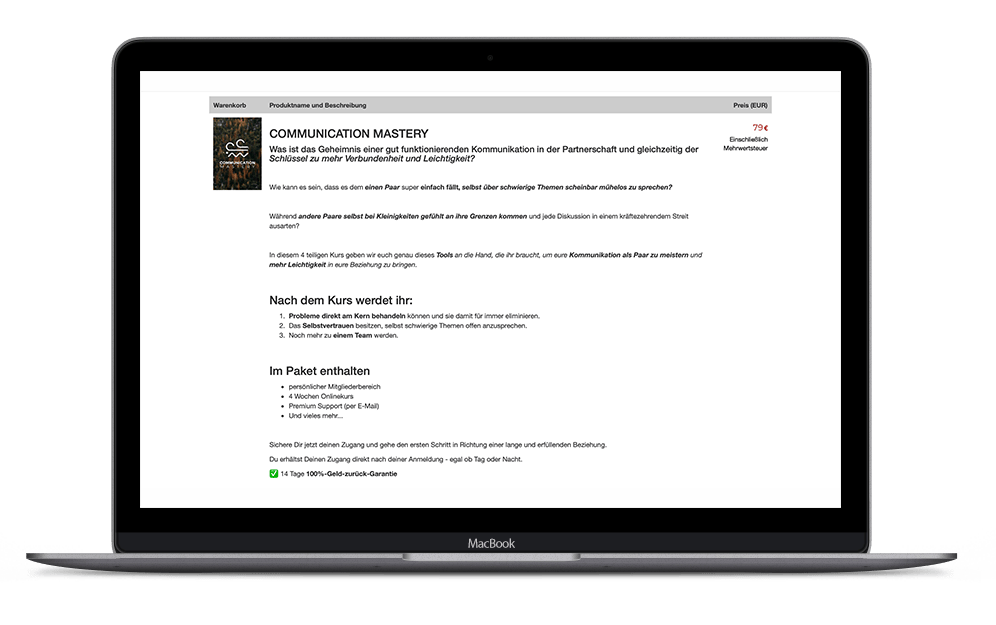 Screenshot einer Verkaufsseite mit Communication Mastery Produktinformation, Preis 79€, Kursdetails und Paketinhalt auf MacBo