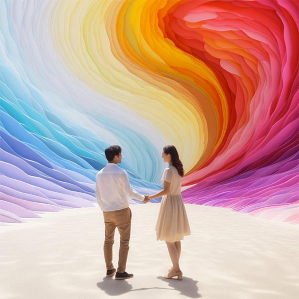 Mann und Frau halten Hände vor farbigem Regenbogen-Wirbel, minimalistischer Hintergrund