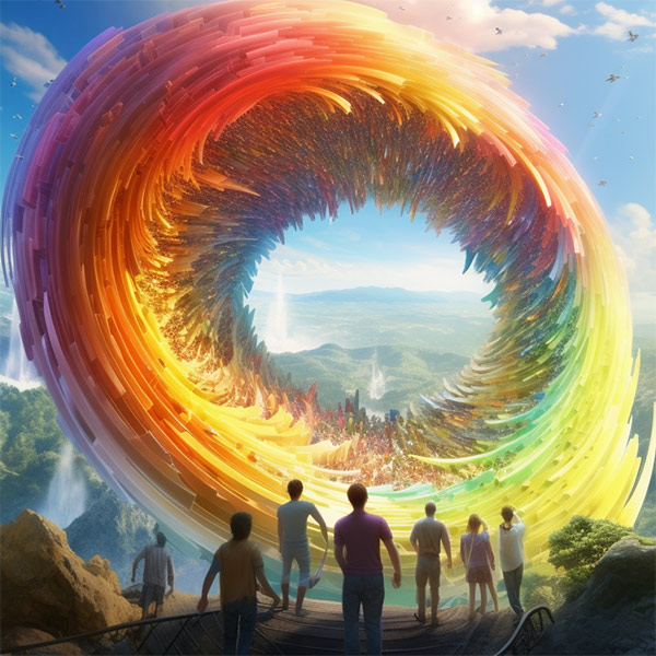 Gruppe von Personen steht vor großem Regenbogen-Portal in Berglandschaft