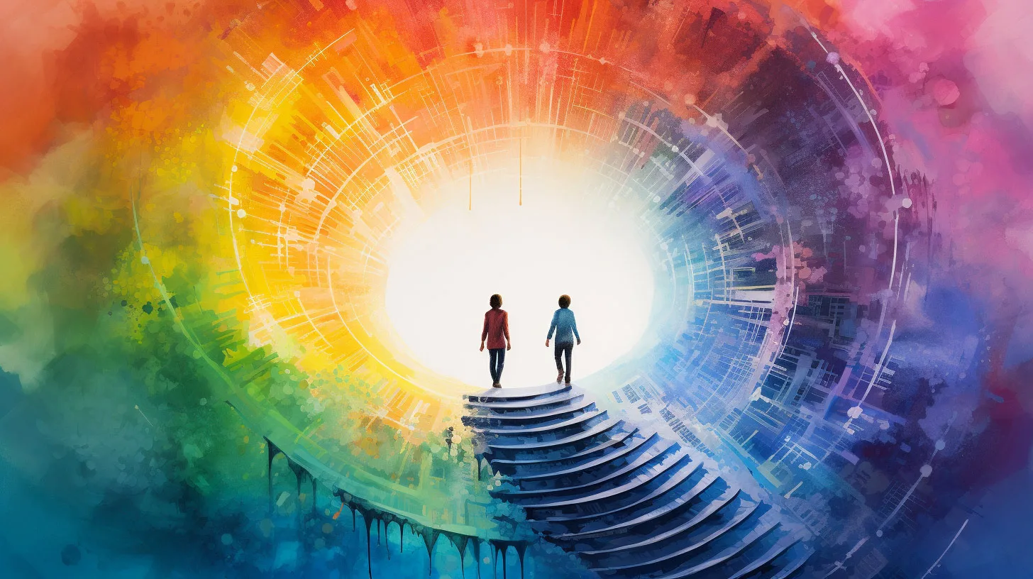 Abstrakte Grafik zweier Personen auf Treppe vor leuchtendem Portal mit Regenbogenfarben