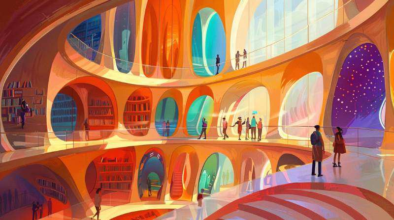 Futuristische Schulbibliothek mit mehreren Ebenen, farbigen Ovalen und Personen