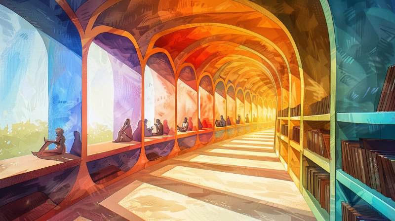 Futuristische Schularchitektur mit gewölbtem Korridor, Regenbogenfenstern und Büchern