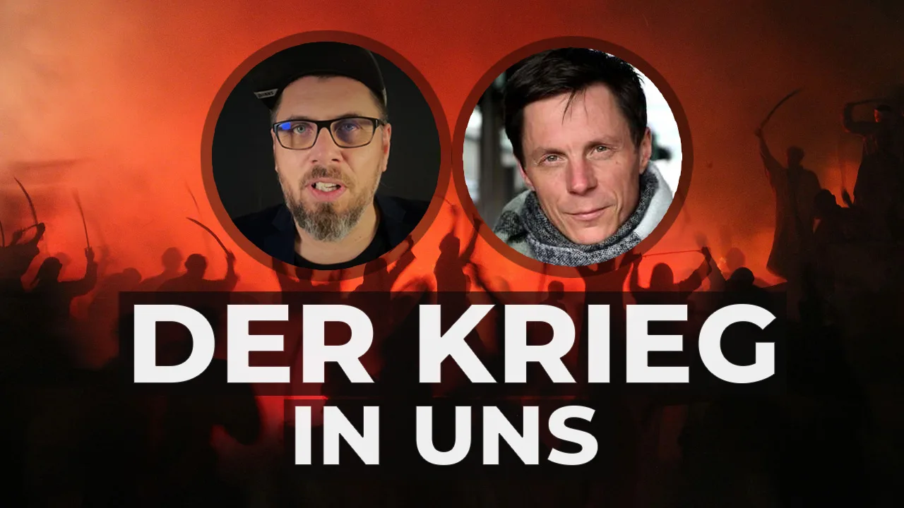 Zwei Männer in Kreisen vor rotem Hintergrund mit Menschenmenge, Textzeile darunter