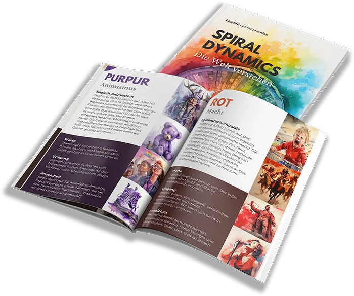 Mockup eines aufgeschlagenen Buches 'Spiral Dynamics - Die Weltformel' mit farbigen Seiten