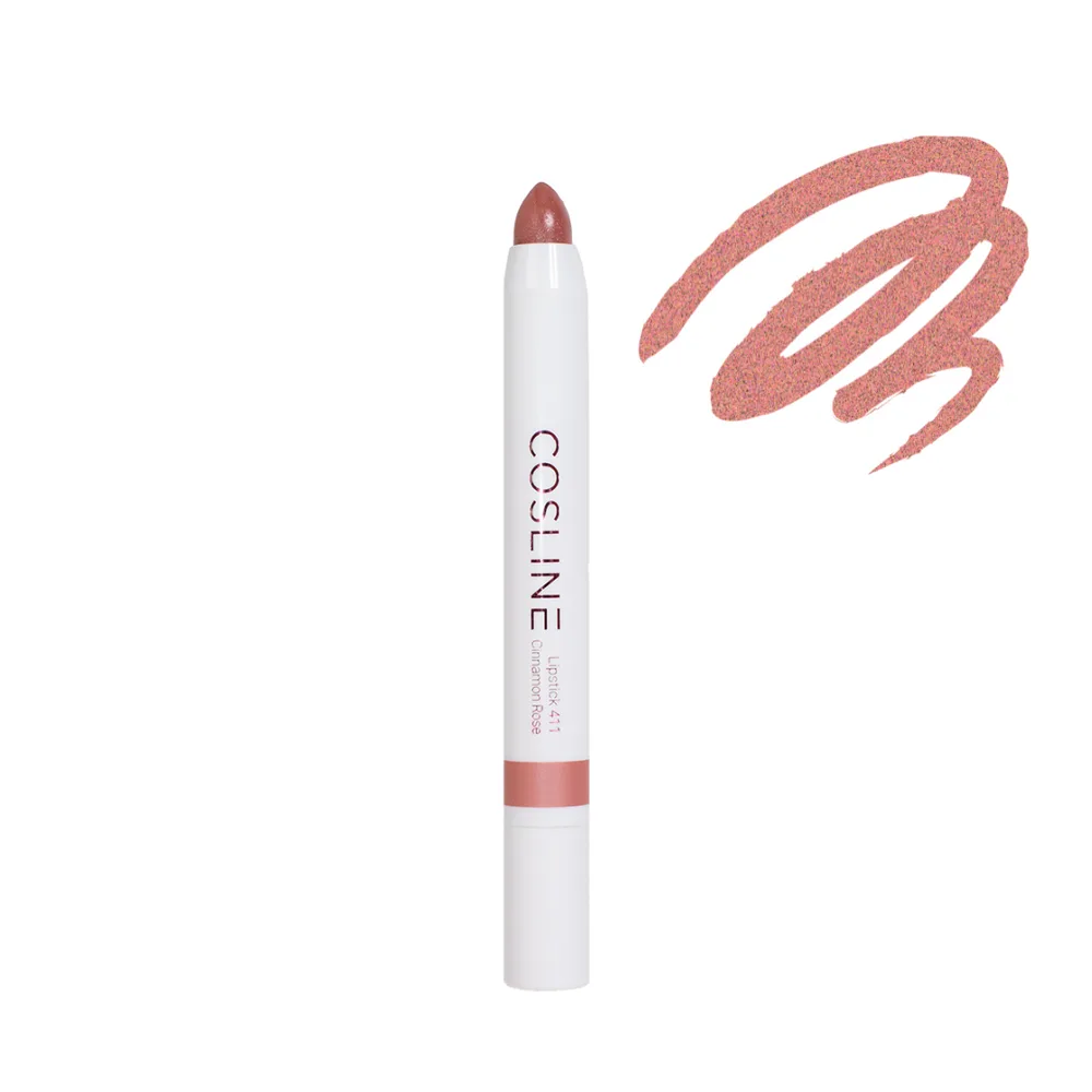 Schminkkurs für Anfänger:innen von COSLINE Cosmetics GmbH 2 COSLINE Lippenstift Cinnamon Rose 411 offen mit Farbmuster-Swiggle in Terrakotta