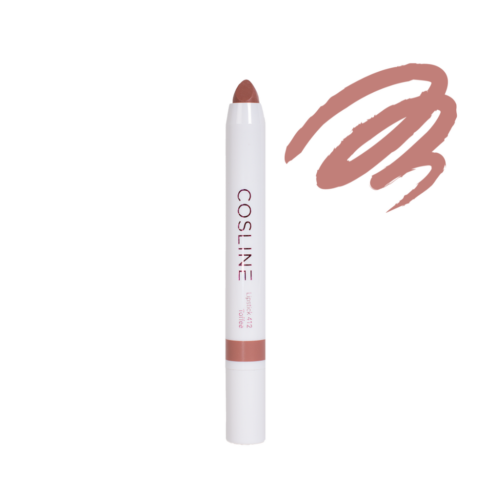 Schminkkurs für Anfänger:innen von COSLINE Cosmetics GmbH 4 COSLINE Lippenstift Toffee 412 offen mit Farbmuster-Swiggle in Braun