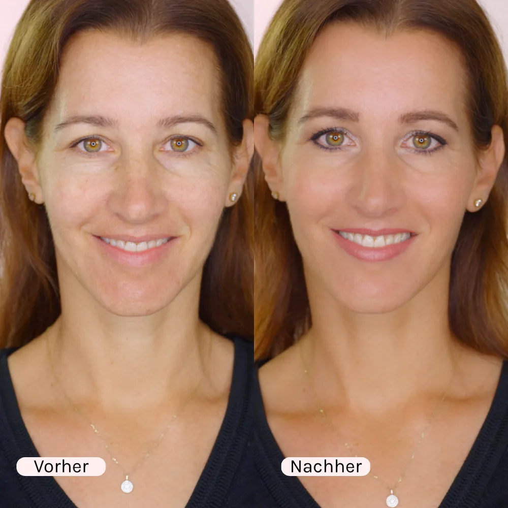 Schminkkurs für Anfänger:innen von COSLINE Cosmetics GmbH 9 Großformatiger Vorher-nachher Vergleich einer Frau mit natürlichem und geschminktem Look mit Labeln Vorher und Nachher