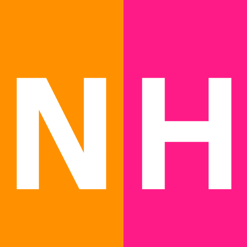 Favicon mit großen weißen Buchstaben N und H auf orange und pinkem Hintergrund