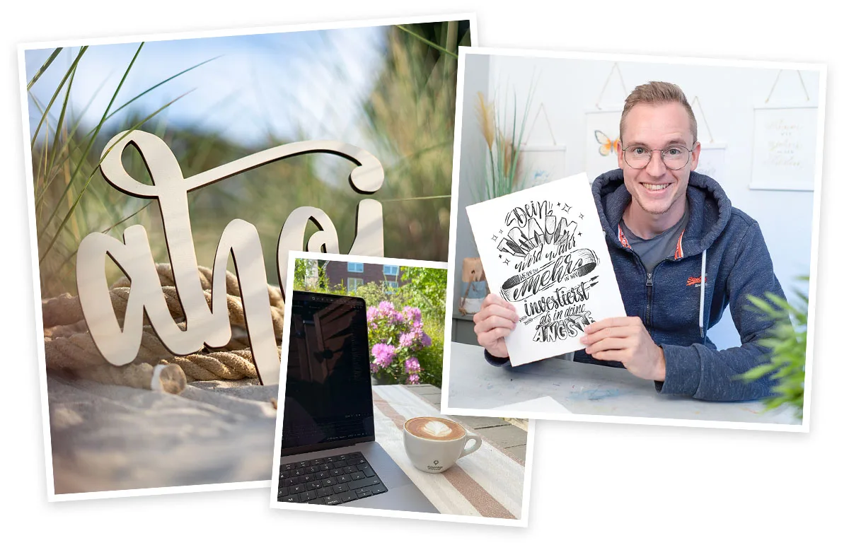 Collage mit Timo Ostrich: kunstvolle Schrift, Laptop mit Kaffee, Portrait mit Zeichnung und Gartenszenerie