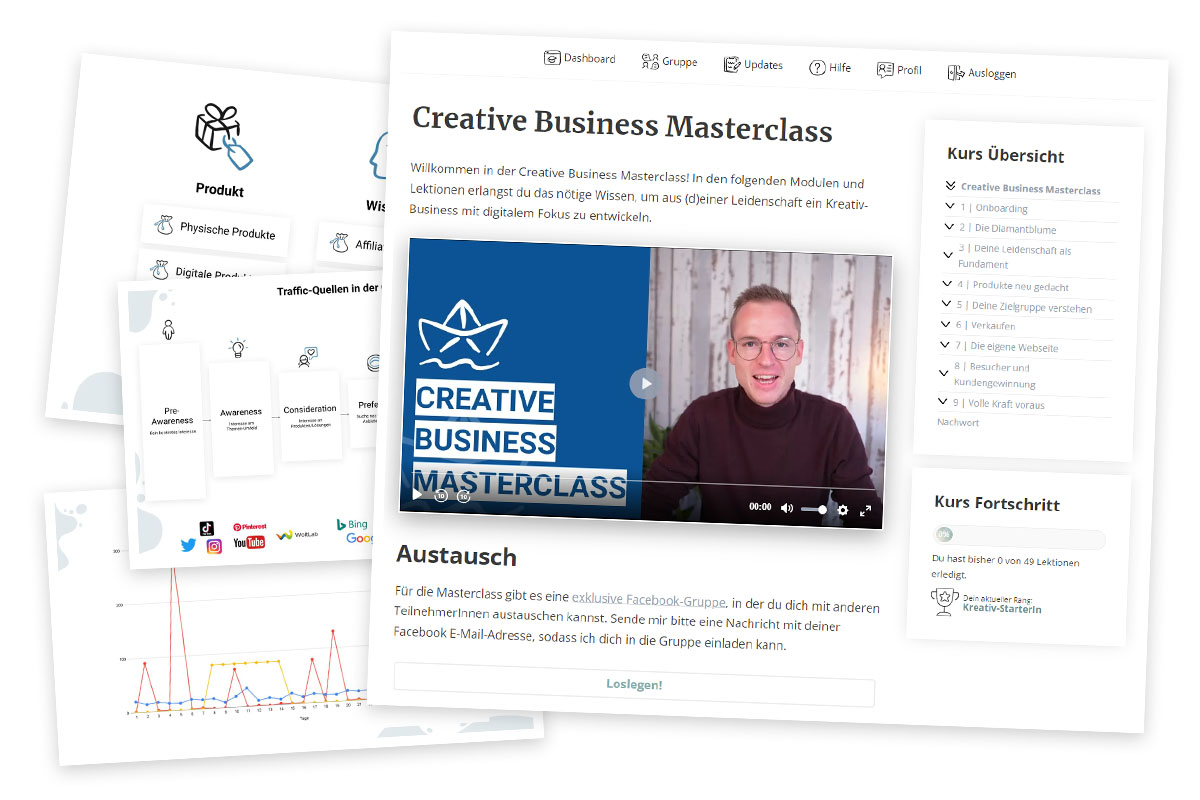 Screenshot der Creative Business Masterclass Kursplattform mit Video-Player und Modul-Übersicht