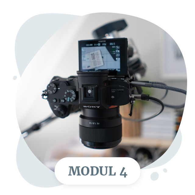 Professionelle Videokamera auf Stativ von oben, Modul-4-Label