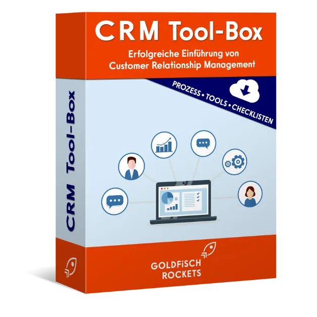 CRM Tool-Box – Vorlagenpaket zur CRM-Einführung von Marco Elling 1 CRM Tool-Box Produktbox von Marco Elling mit orange-blauem Design und Laptop-Grafik