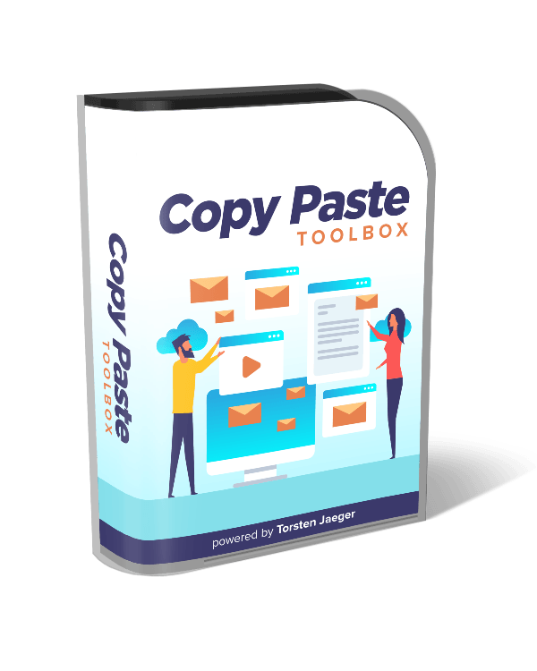 Copy Paste Toolbox Produktbox mit hellblauem und orangefarbigem Design, illustrierten Personen und E-Mail-Motiven