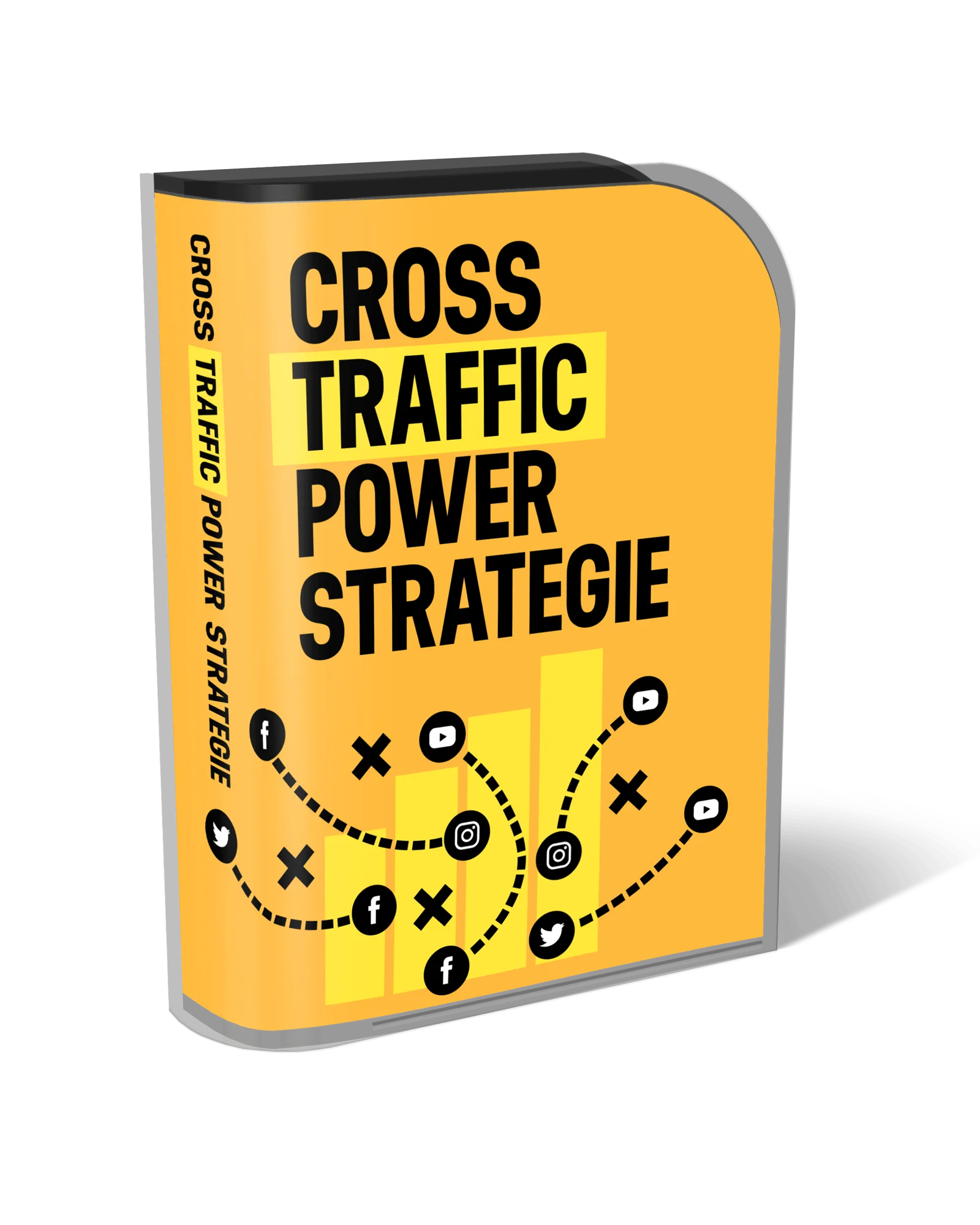 Cross Traffic Power Strategie 3D-Produktbox mit gelbem Cover, sozialen Medien-Symbolen und Pfeil-Diagramm