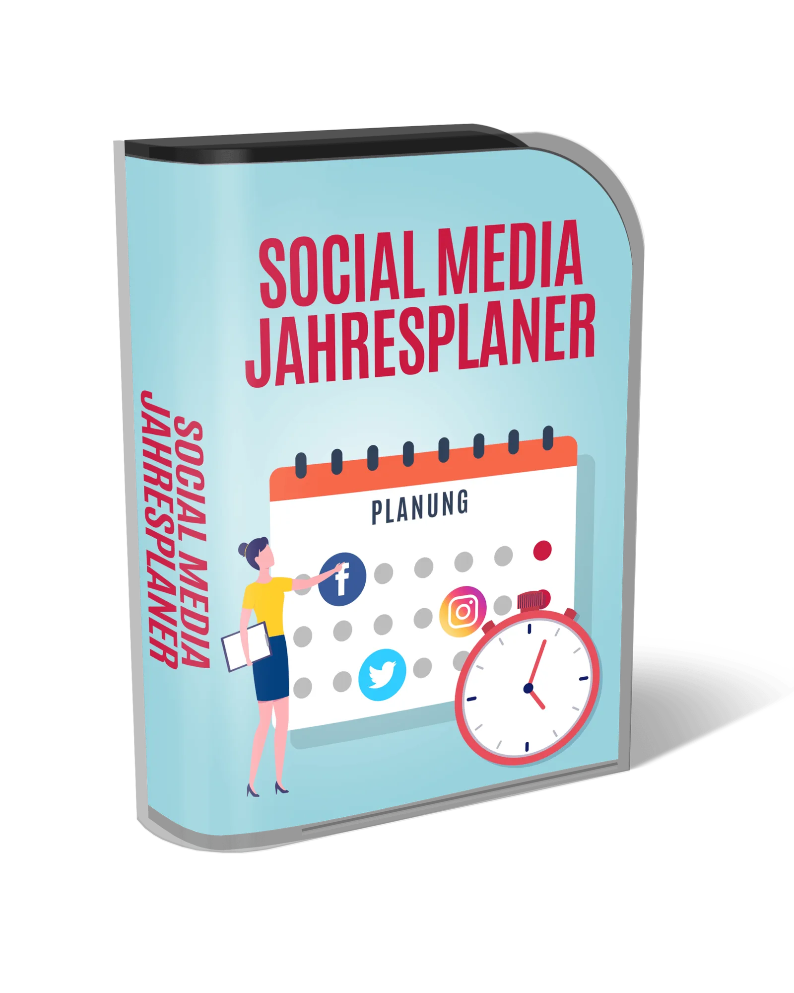 Social Media Jahresplaner 3D-Produktbox mit hellblauem Cover, Kalender und Frau bei der Planung