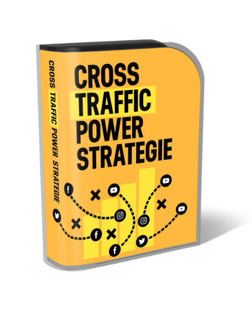 Cross Traffic Power Strategie Produktbox mit gelbem Cover, sozialen Medien-Symbolen und Vernetzungsdiagramm