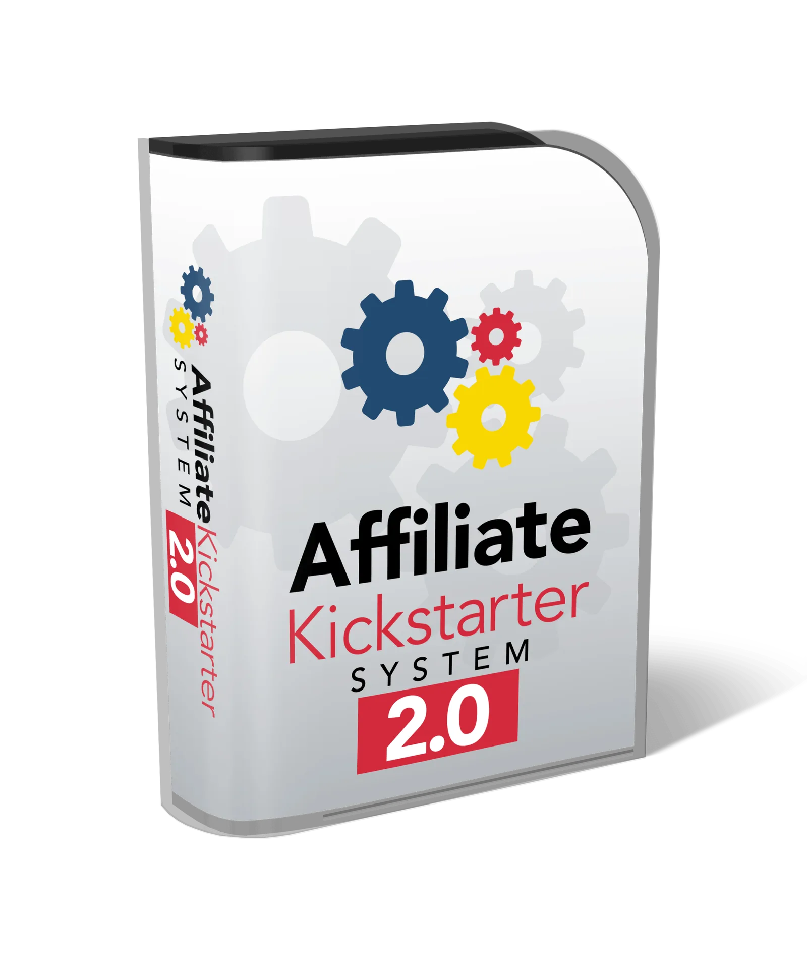 Affiliate Kickstarter System 2.0 Produktbox mit Zahnrad-Symbolen in Blau, Rot und Gelb