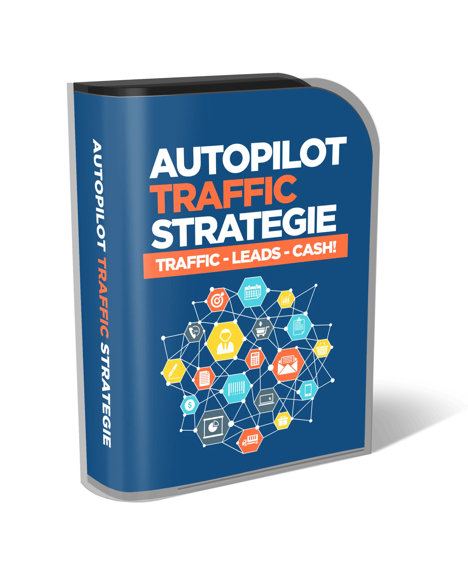 Autopilot Traffic Strategie Produktbox mit dunkelblauem Cover, Untertitel Traffic-Leads-Cash und vernetztes Hexagon-Diagramm