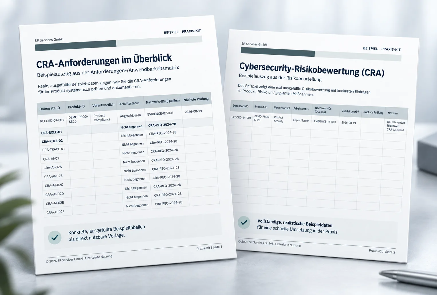 Zwei Seiten mit CRA-Anforderungen im Überblick und Cybersecurity-Risikobewertung (CRA) als Beispielausszüge mit Tabellen