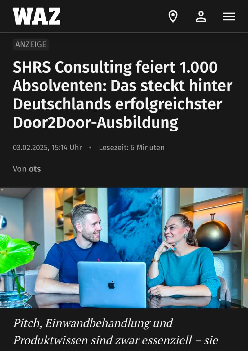 WAZ-Artikel über SHRS Consulting mit zwei Personen am Laptop, Presseberichterstattung