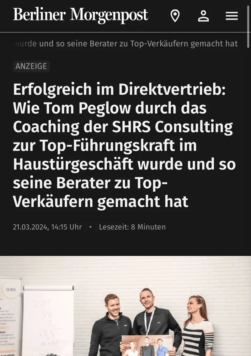 Berliner Morgenpost Artikel über Tom Peglow und SHRS Consulting Coaching im Direktvertrieb