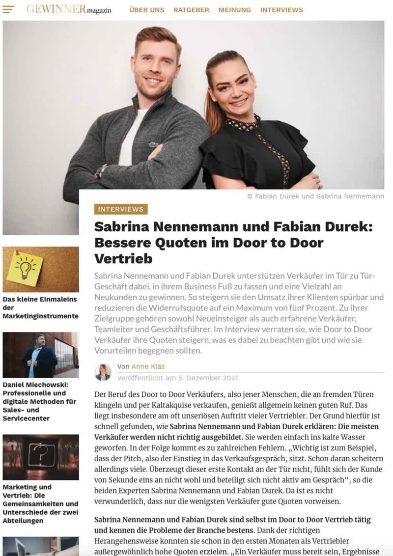 Gewinner Magazin Interview mit Sabrina Nennemann und Fabian Durek über Door to Door Vertrieb