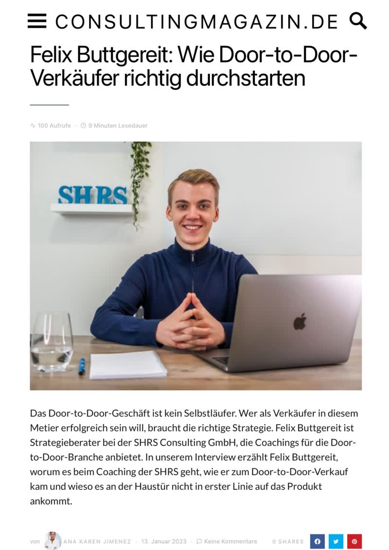 Consulting Magazin Artikel Felix Buttgereit über Door-to-Door-Verkäufer mit Porträt am Laptop