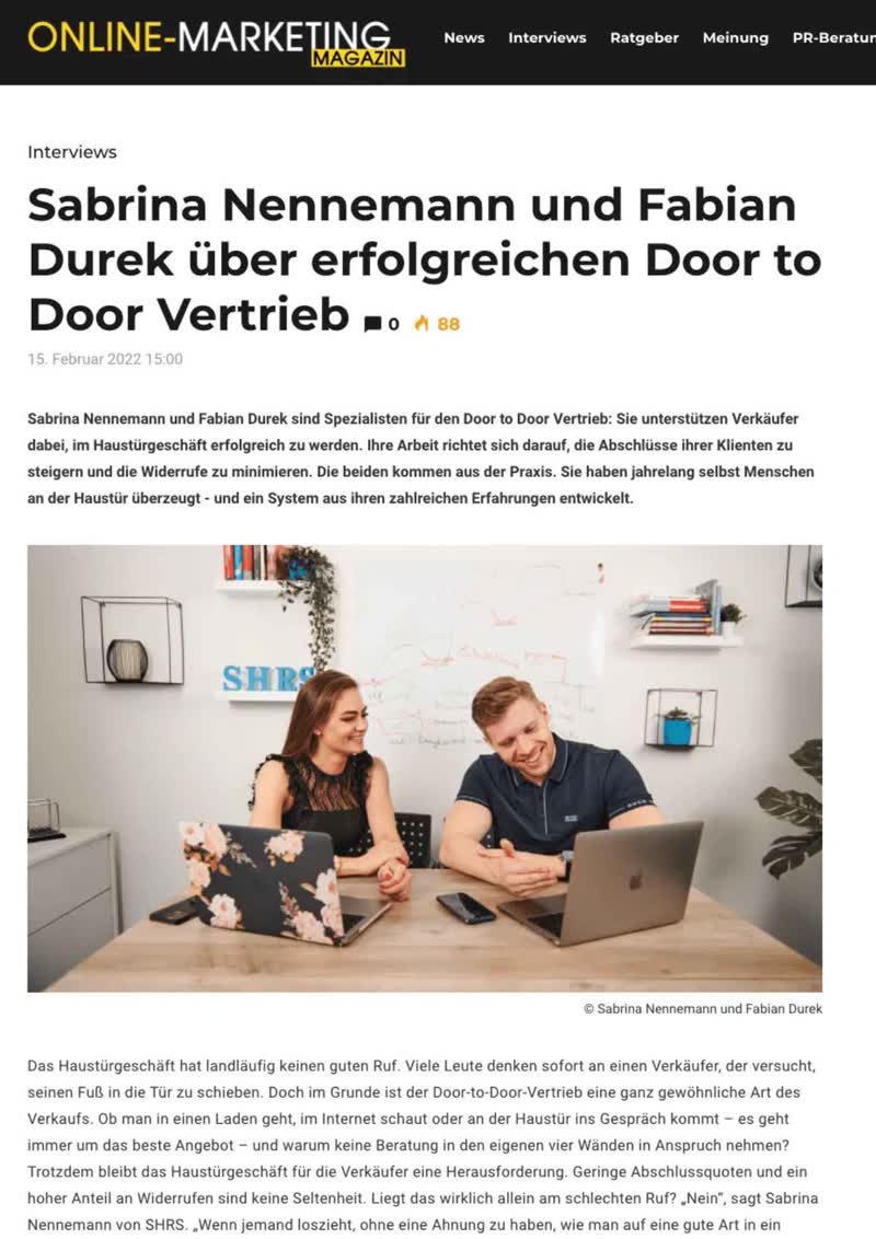 Online-Marketing Magazin Interview mit Sabrina Nennemann und Fabian Durek über erfolgreichen Door to Door Vertrieb
