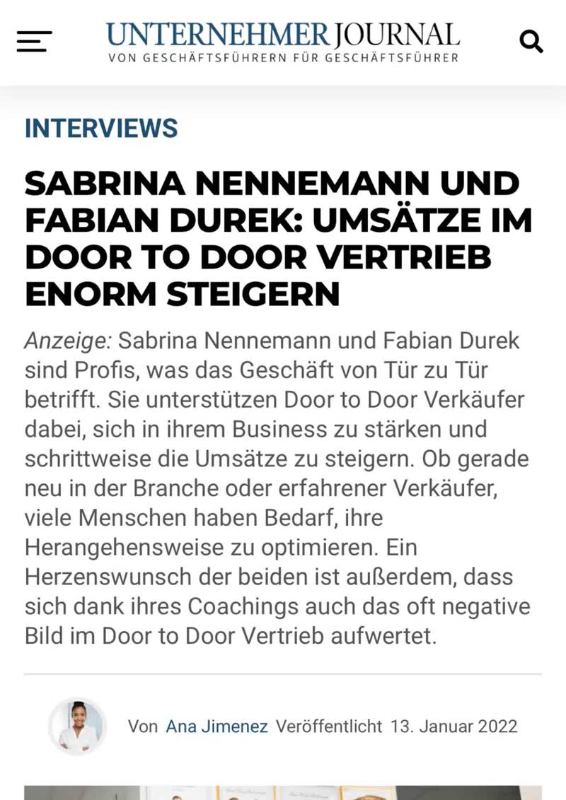 Unternehmer Journal Interview Sabrina Nennemann und Fabian Durek über Umsätze im Door to Door Vertrieb