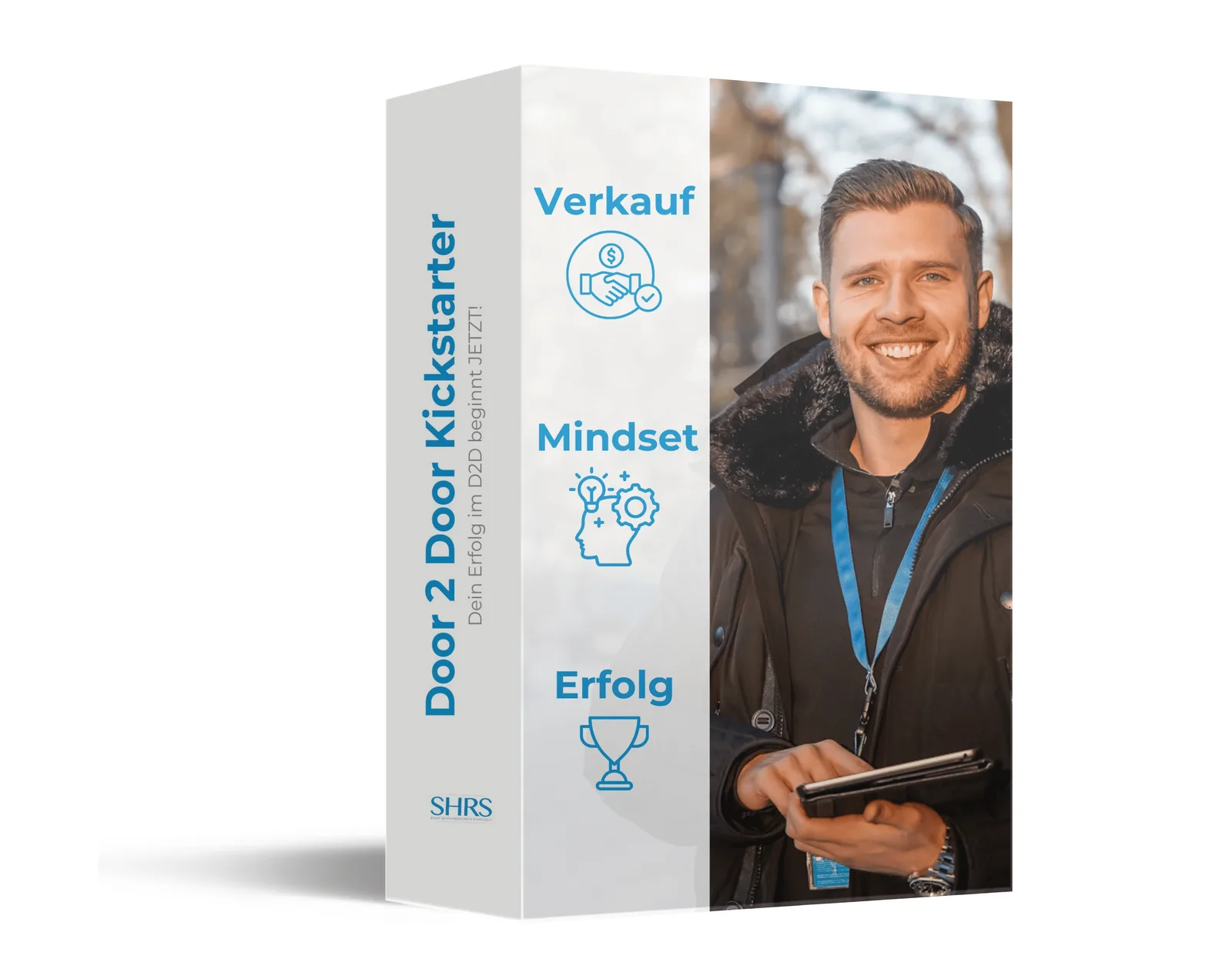 D2D Kickstarter Produktbox von SHRS Consulting mit drei Säulen: Verkauf, Mindset, Erfolg und Porträt eines Mannes mit Tablet