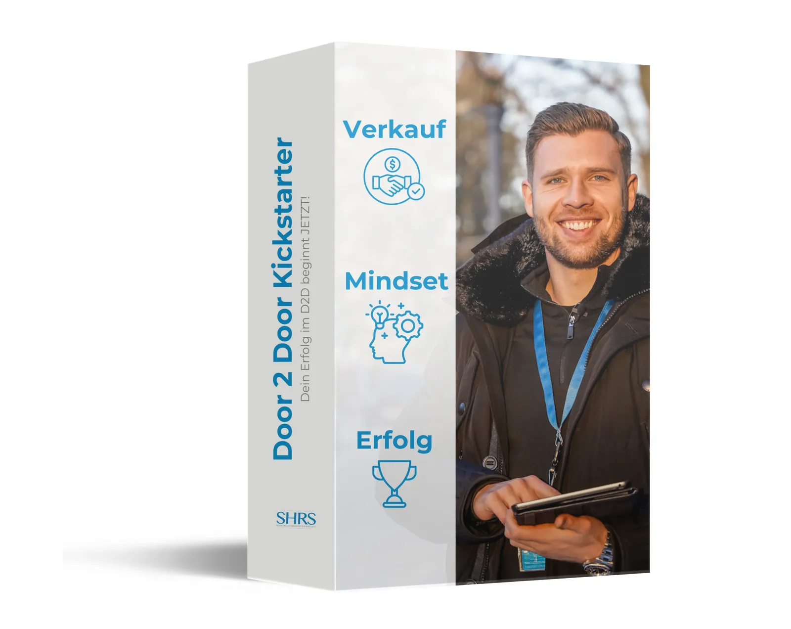 D2D Kickstarter Produktbox von SHRS Consulting mit drei Säulen: Verkauf, Mindset, Erfolg und Porträt eines lächelnden Mannes