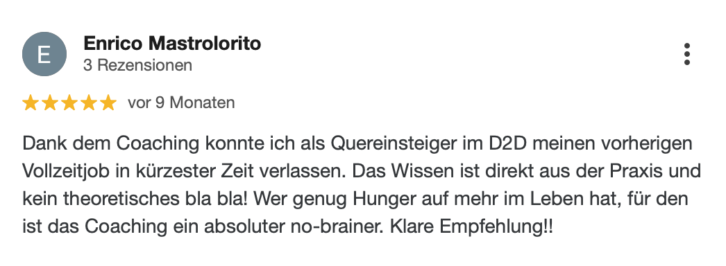 Fünf-Sterne-Bewertung von Enrico Mastrollorito über praktisches D2D Coaching und Karrierewechsel