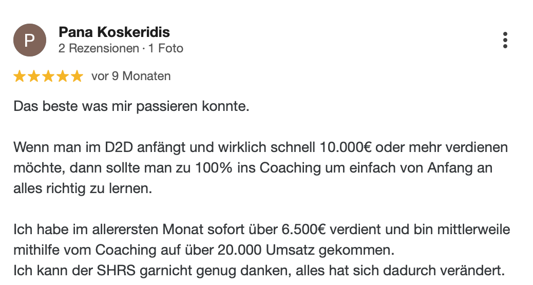 Fünf-Sterne-Bewertung von Pana Koskeridis über schnelle Einkommenssteigerung durch SHRS D2D Coaching