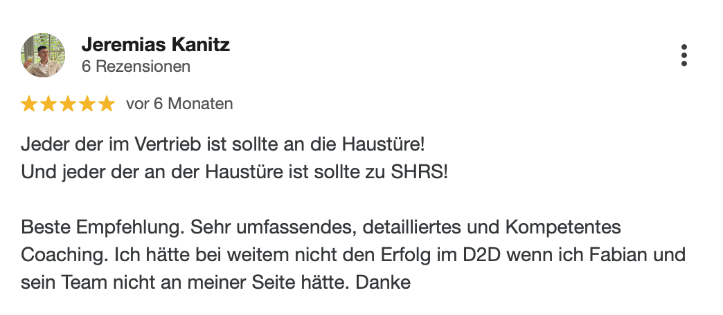Fünf-Sterne-Kundenbewertung von Jeremias Kanitz mit Text zur Empfehlung des SHRS Coachings für D2D