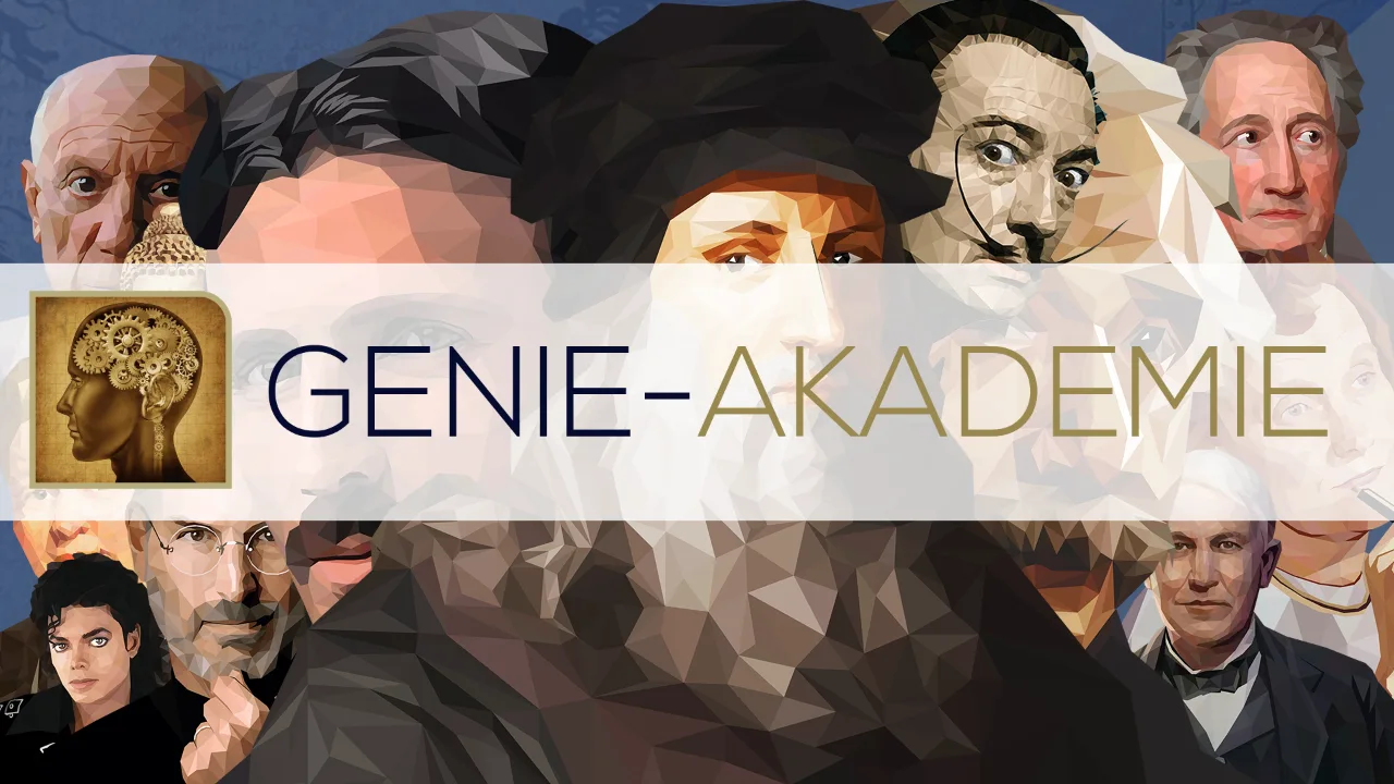 Genie Akademie Banner mit historischen Genies und Zahnrad-Logo