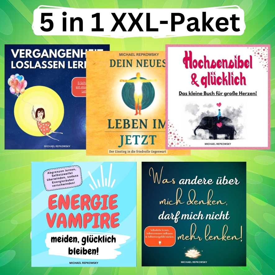 5 in 1 XXL-Paket Bundle mit fünf Büchern von Michael Repkowsky auf grünem Hintergrund
