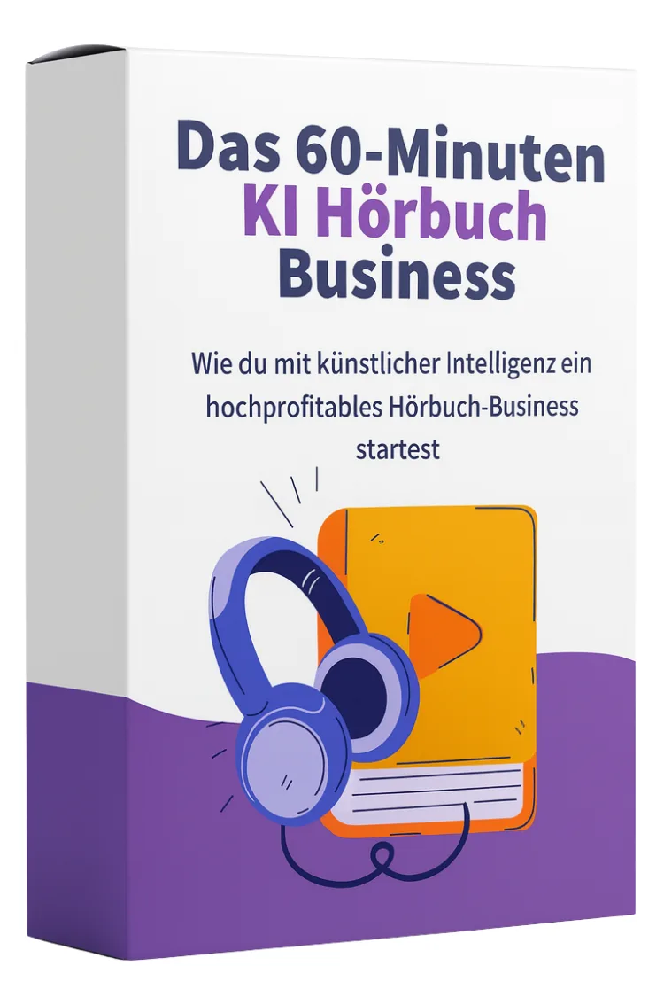 Produktbox Das 60-Minuten KI Hörbuch Business mit blauem Kopfhörer und orangegelbem Smartphone auf violettem Hintergrund