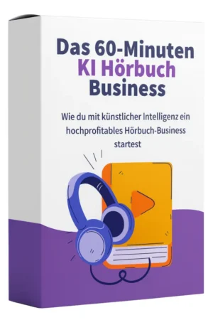 Produktbox Das 60-Minuten KI Hörbuch Business mit blauem Kopfhörer, orangegelbem Smartphone und violettem Designelement