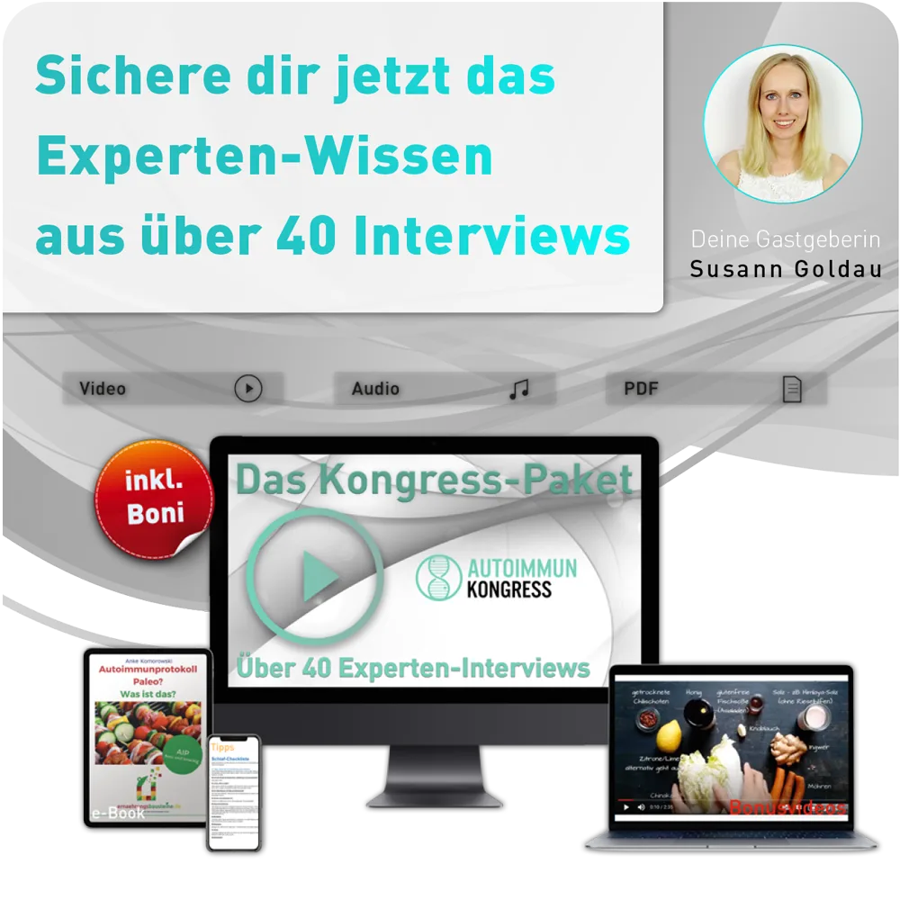 Das Autoimmunkongress Wissenspaket – Videokurs zu Autoimmunthemen 3 Quadratisches Werbebanner mit Moderatorin Susann Goldau und Kongressinhalten